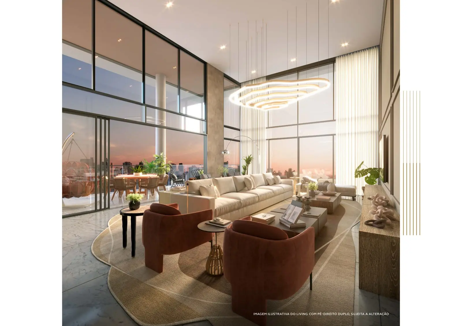 Living com pé-direito duplo do apartamento de 226 m²