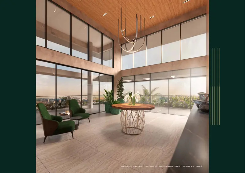 Lobby com pé-direito duplo e terraço